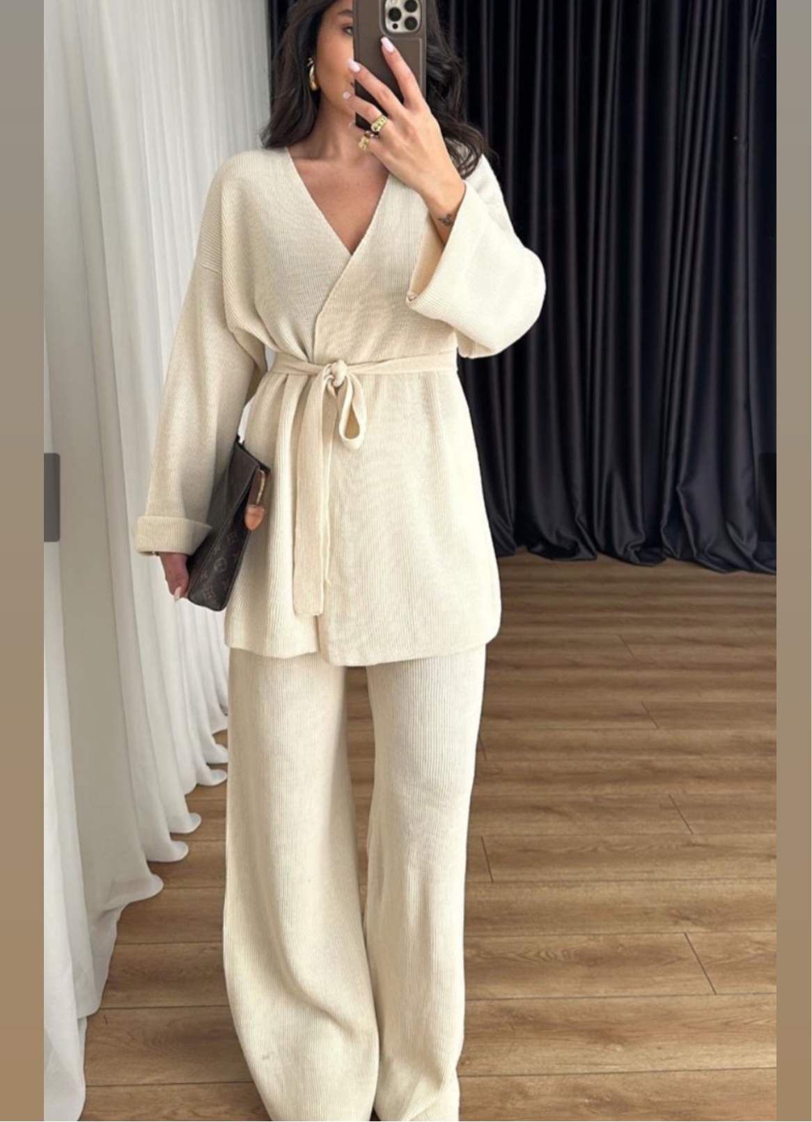 Belted knit Cardigan Set- Cream