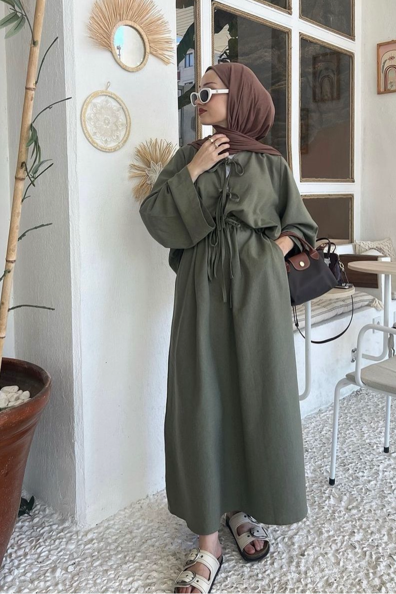 Front Ties Linen Set-Green