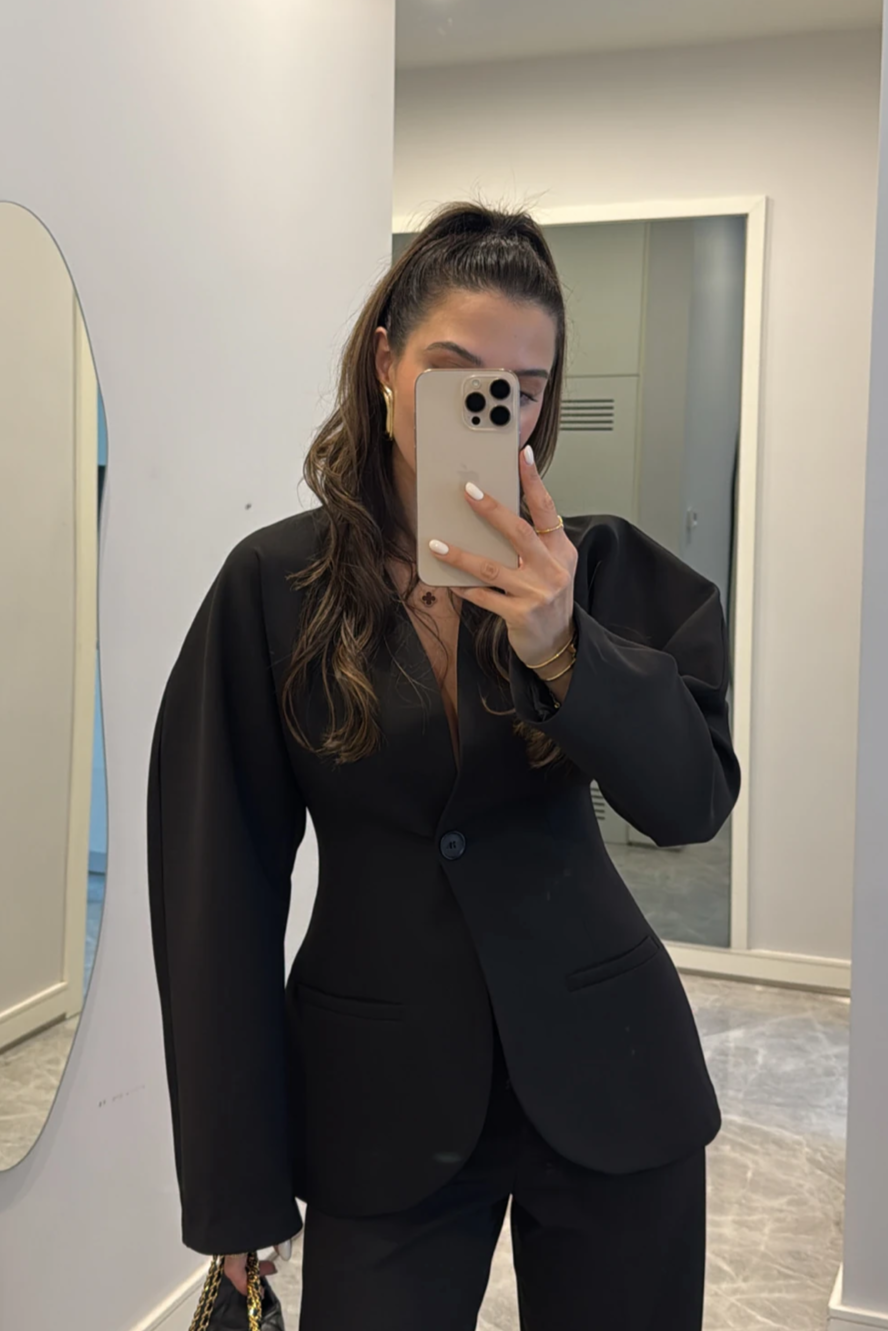 Waisted Blazer Suit-black