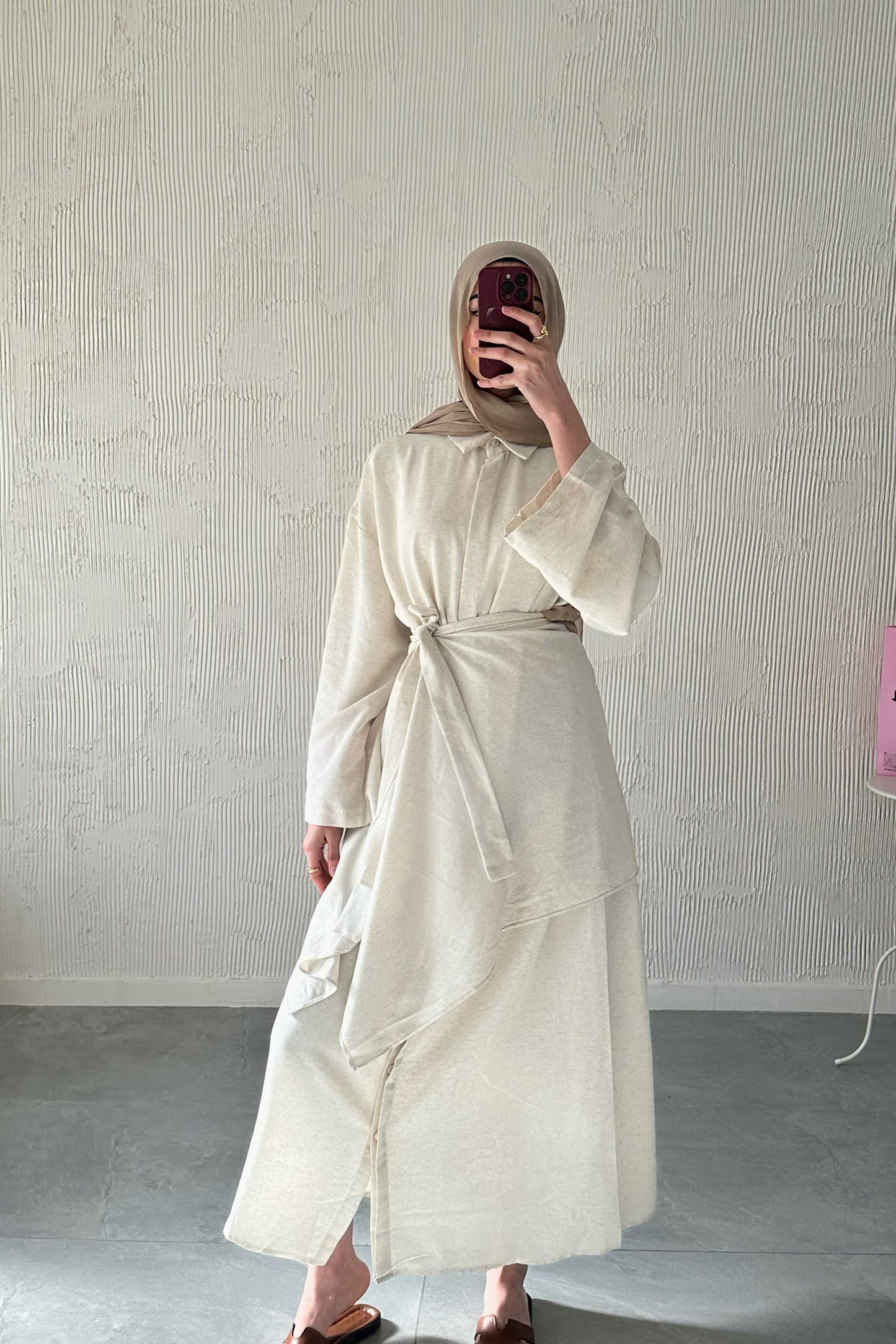 Shirt Dress With Wrap Skirt- Beige