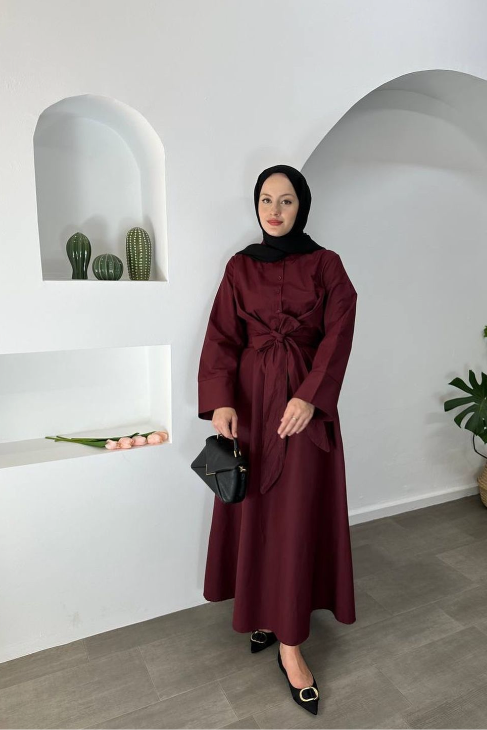 Tie Waist Dress-Burgundy