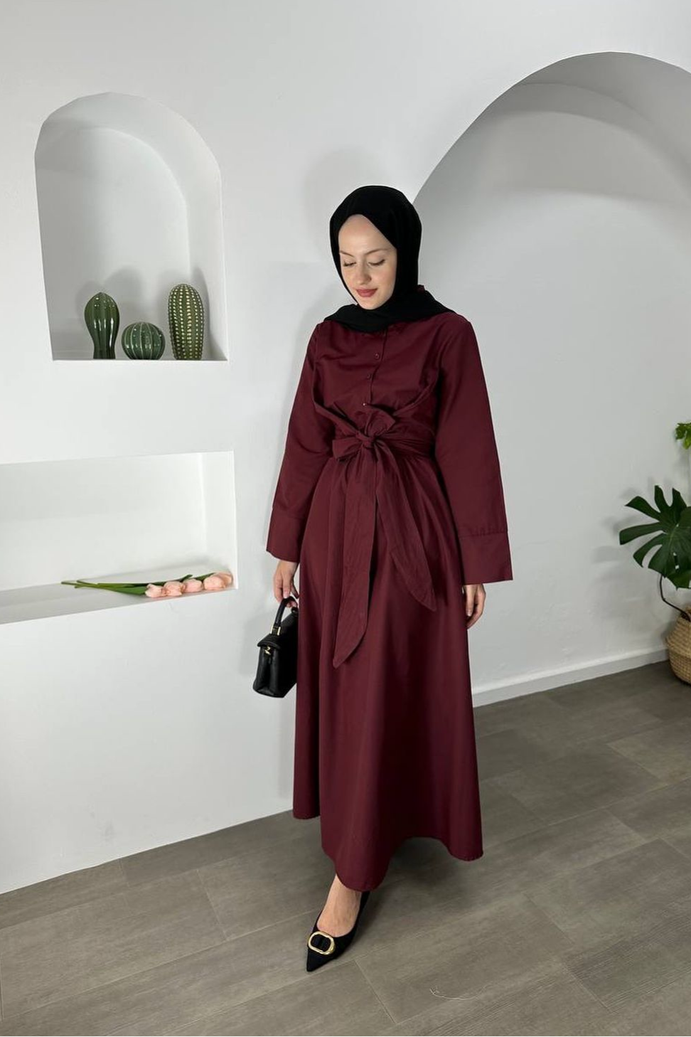 Tie Waist Dress-Burgundy