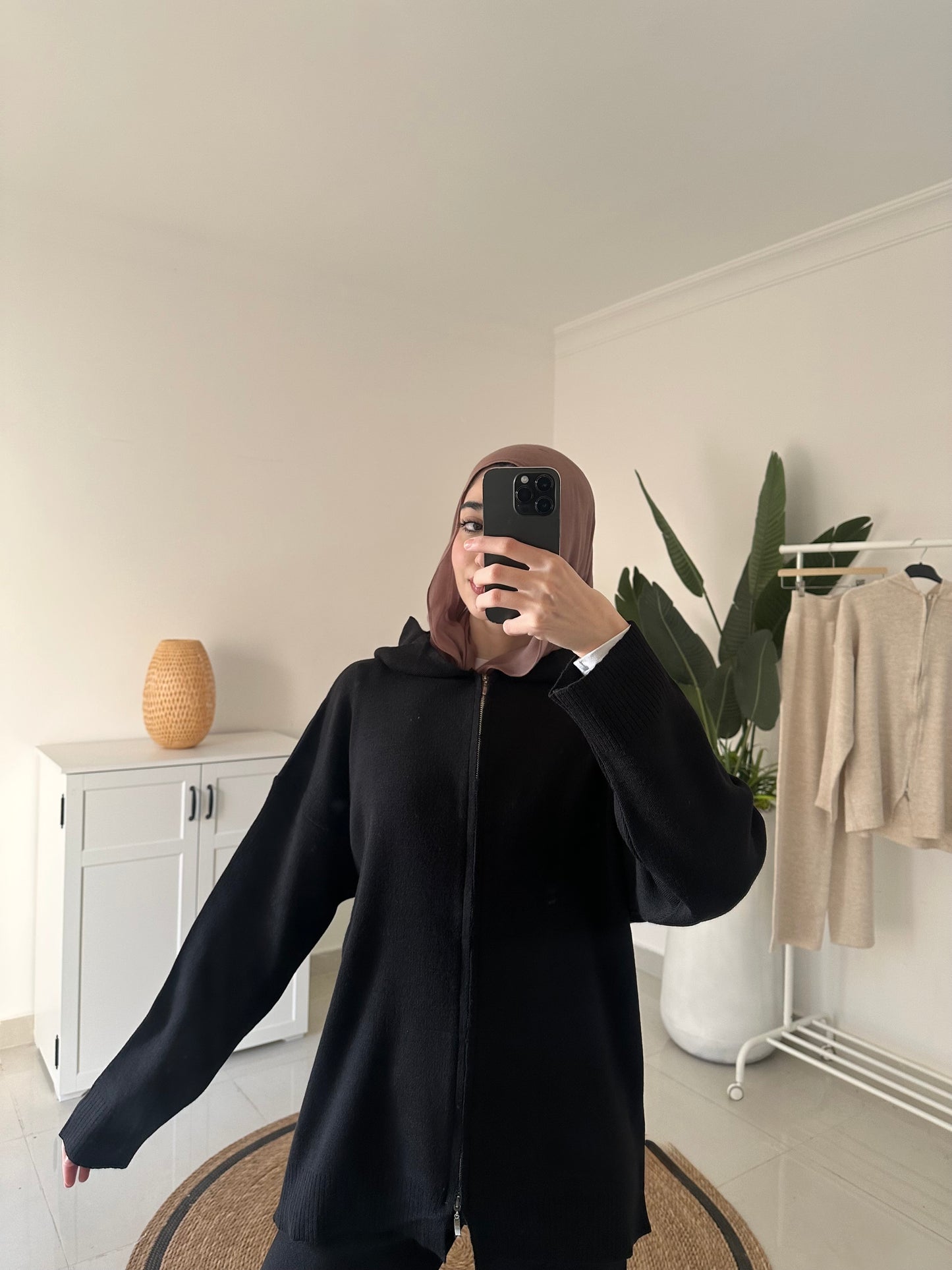 Knit Hooded Cardigan Set- Black