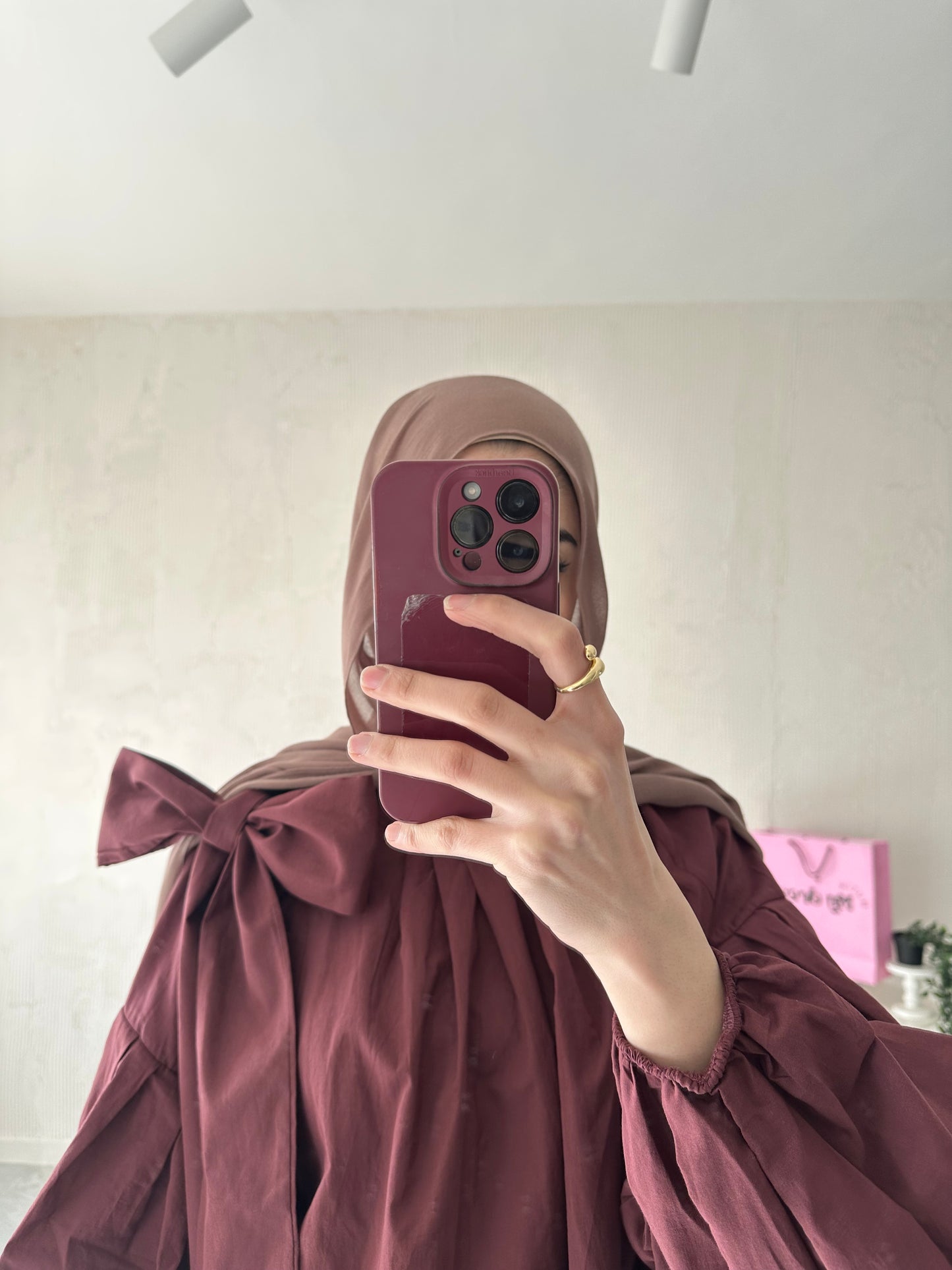 Balloon Sleeve Scarf Shirt-Burgundy