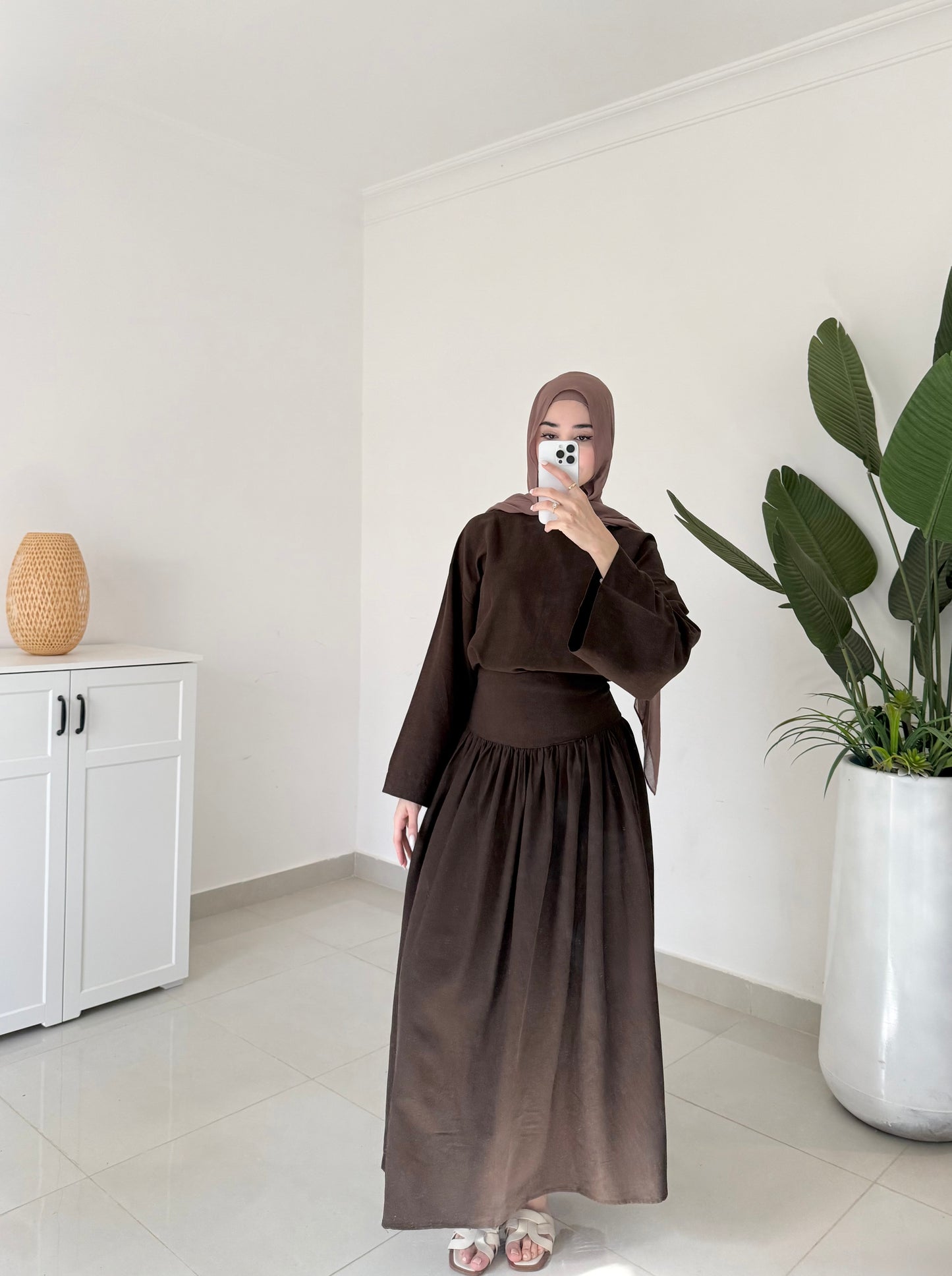 Drop Waist Linen Skirt Set- Brown
