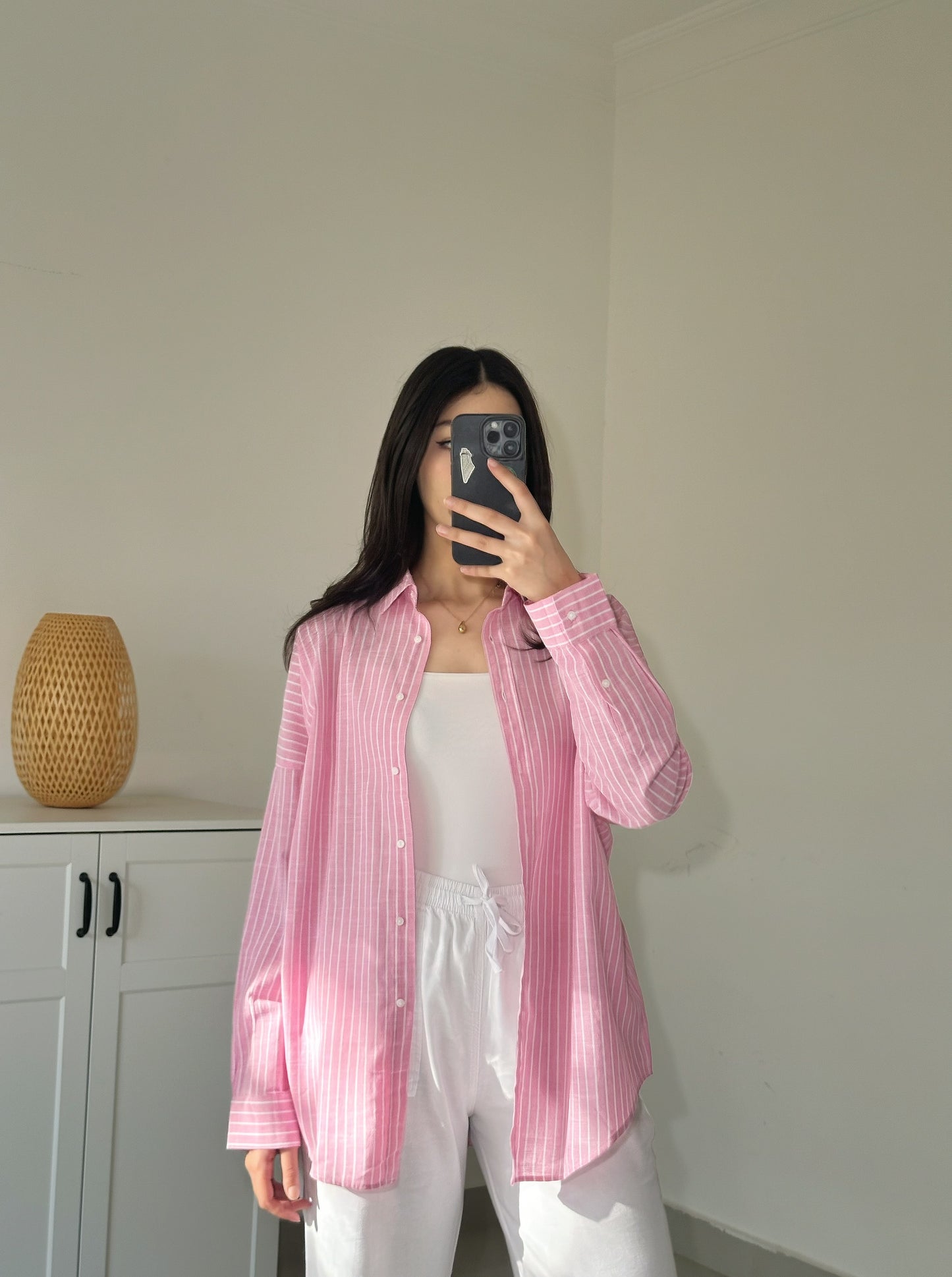 Linen Striped Shirt-Pink