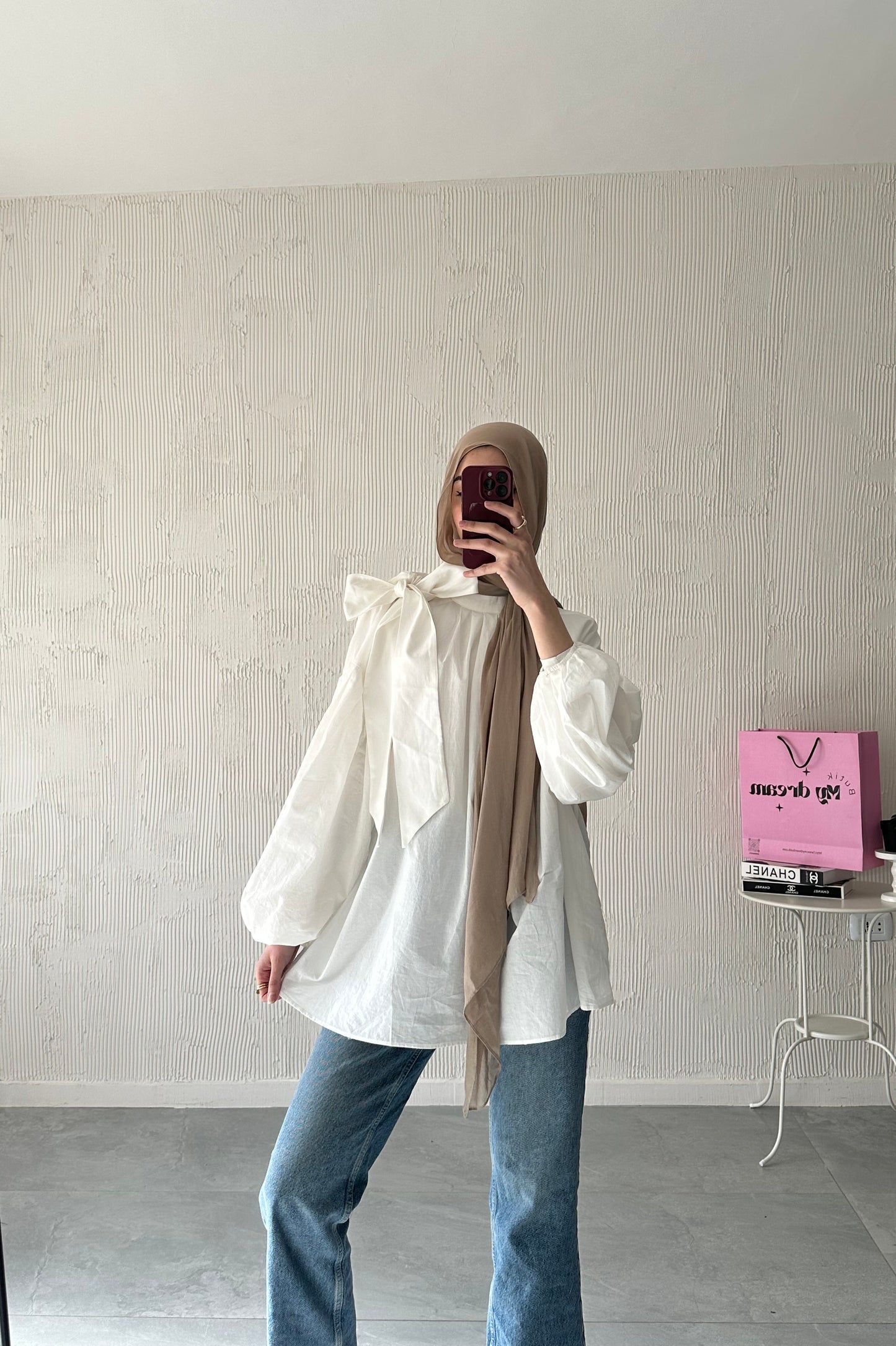 Balloon Sleeve Scarf Shirt-White
