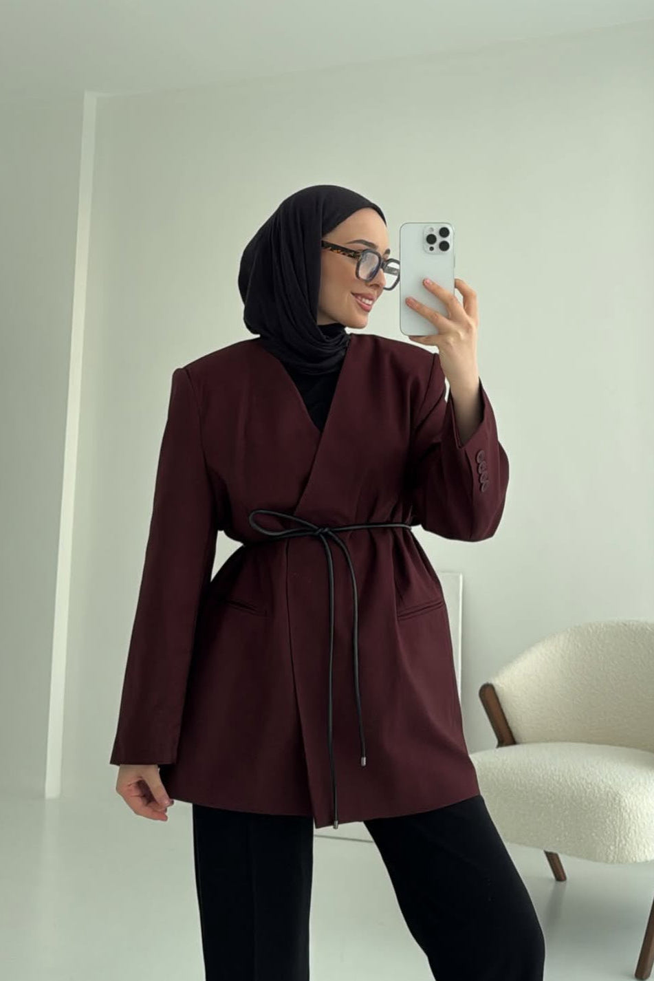 Belted Blazer- Burgundy