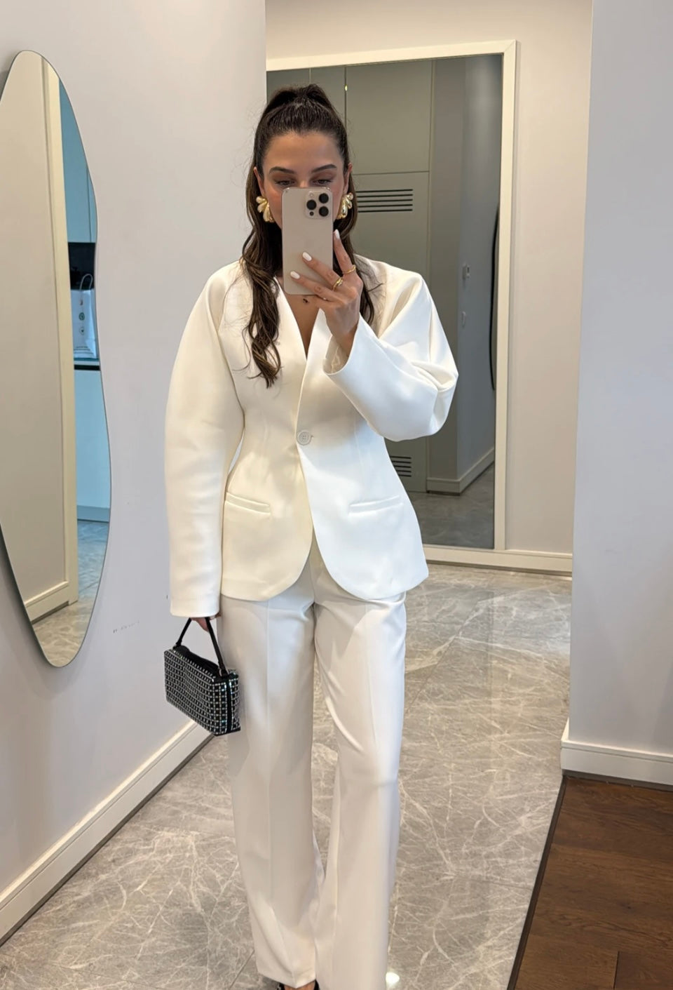 Waisted Blazer Suit- White