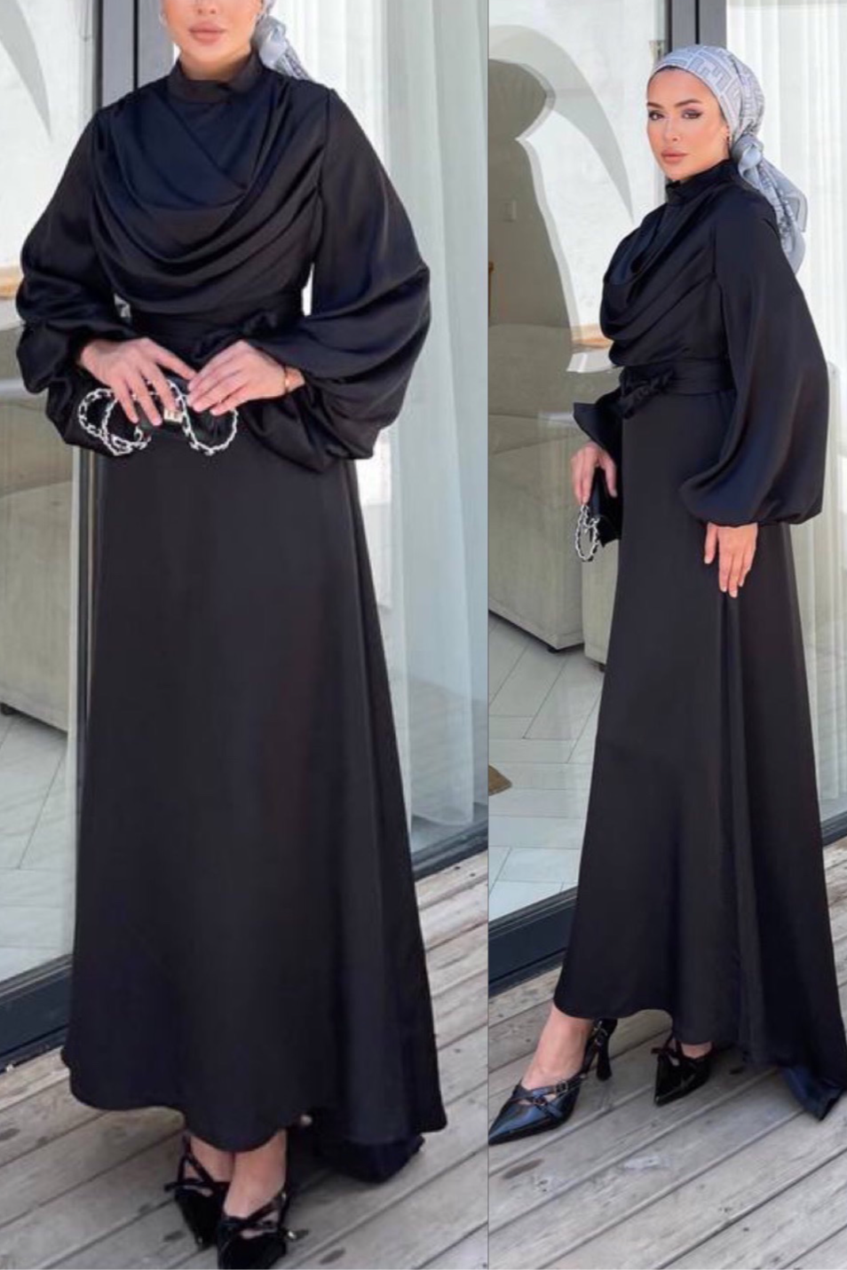 Drape Satin Dress-Black