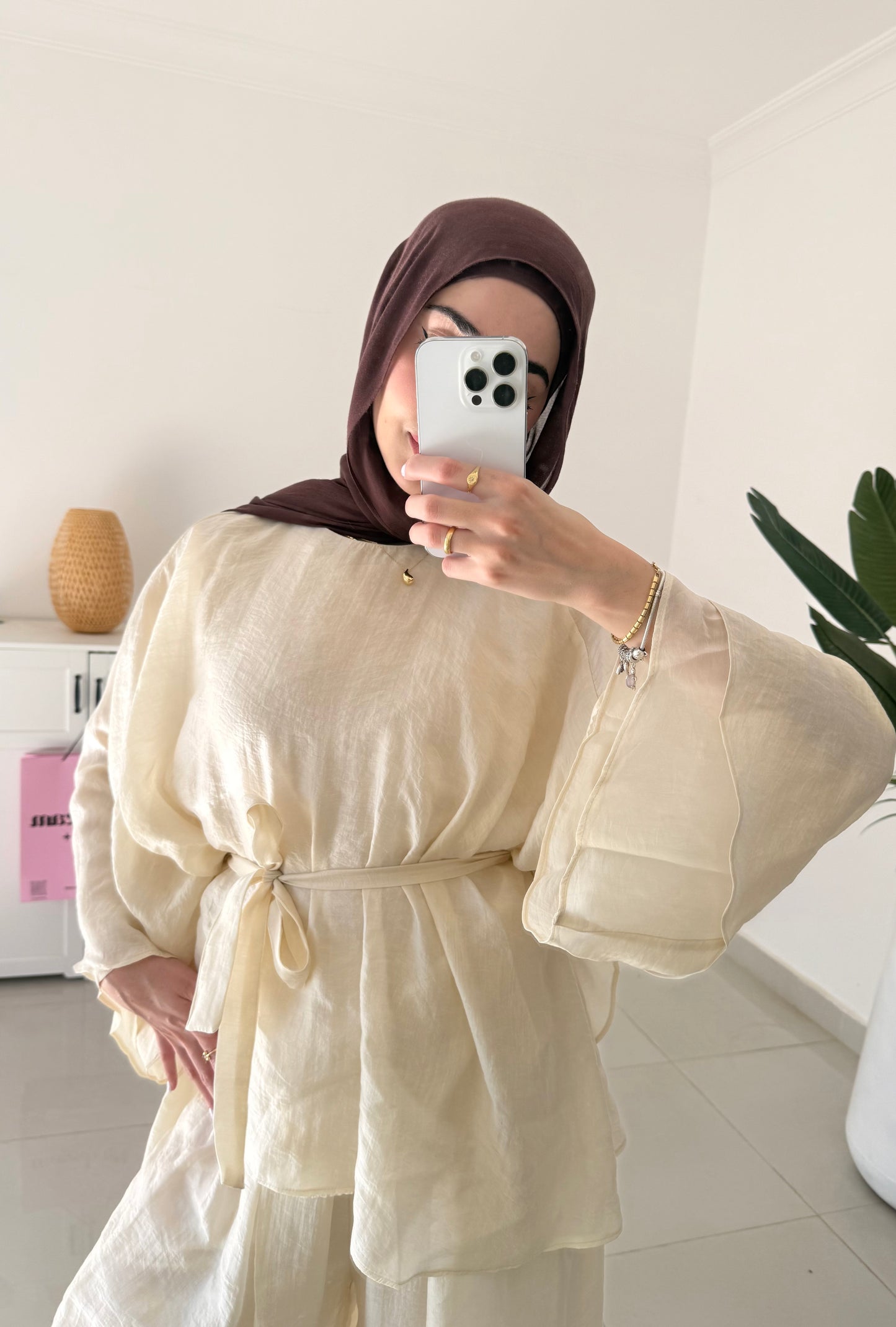 Reem Belted Pants Set- Yellowish beige
