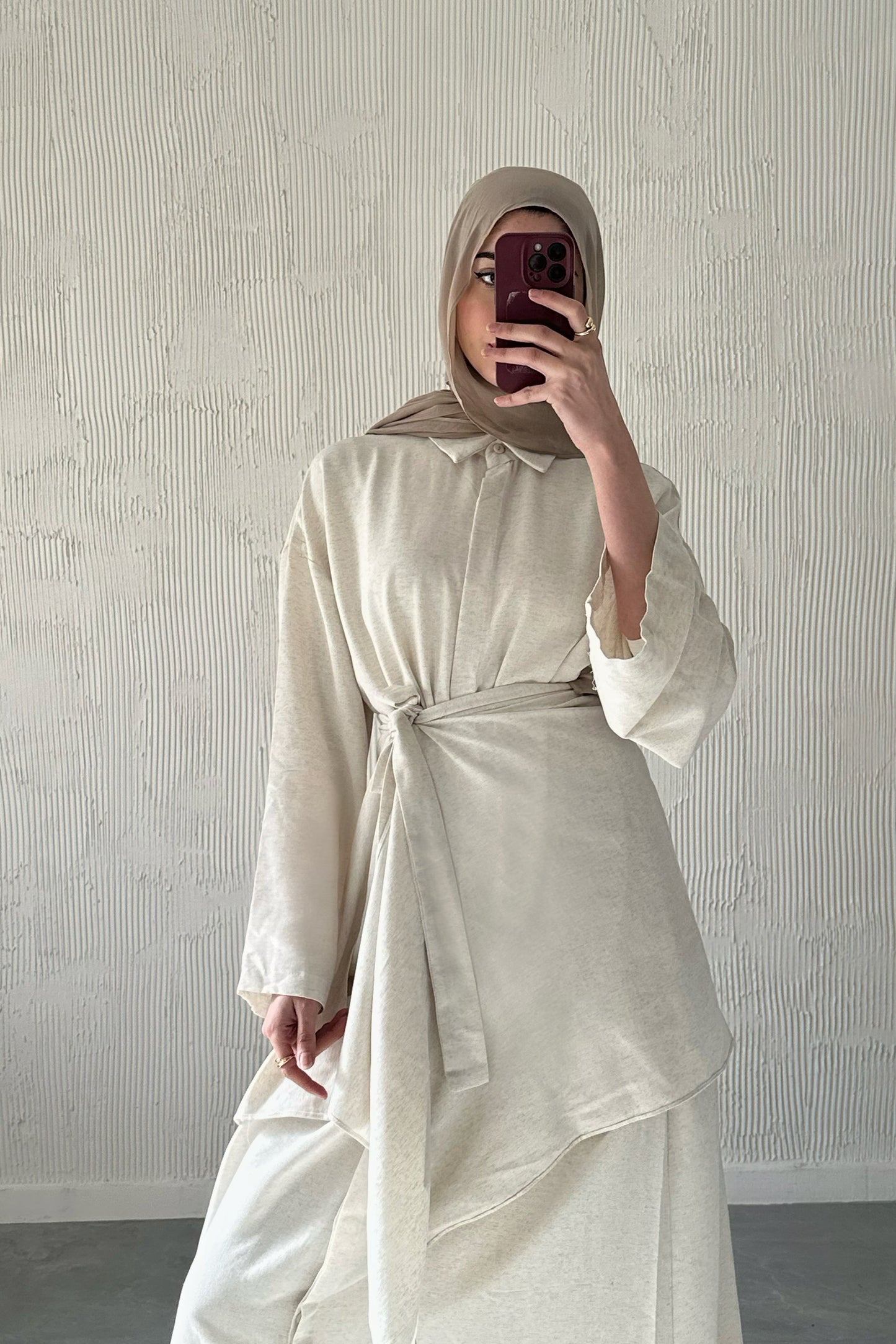 Shirt Dress With Wrap Skirt- Beige