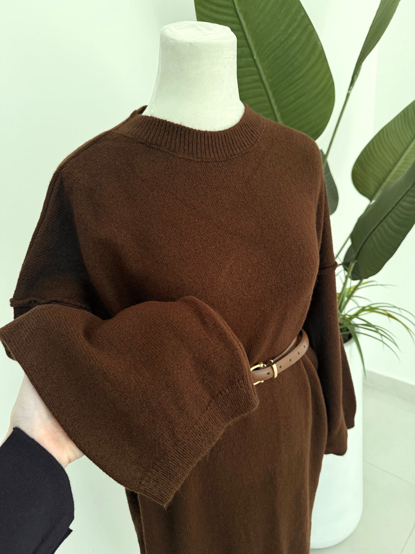 Long Knit Dress Without belt- Brown