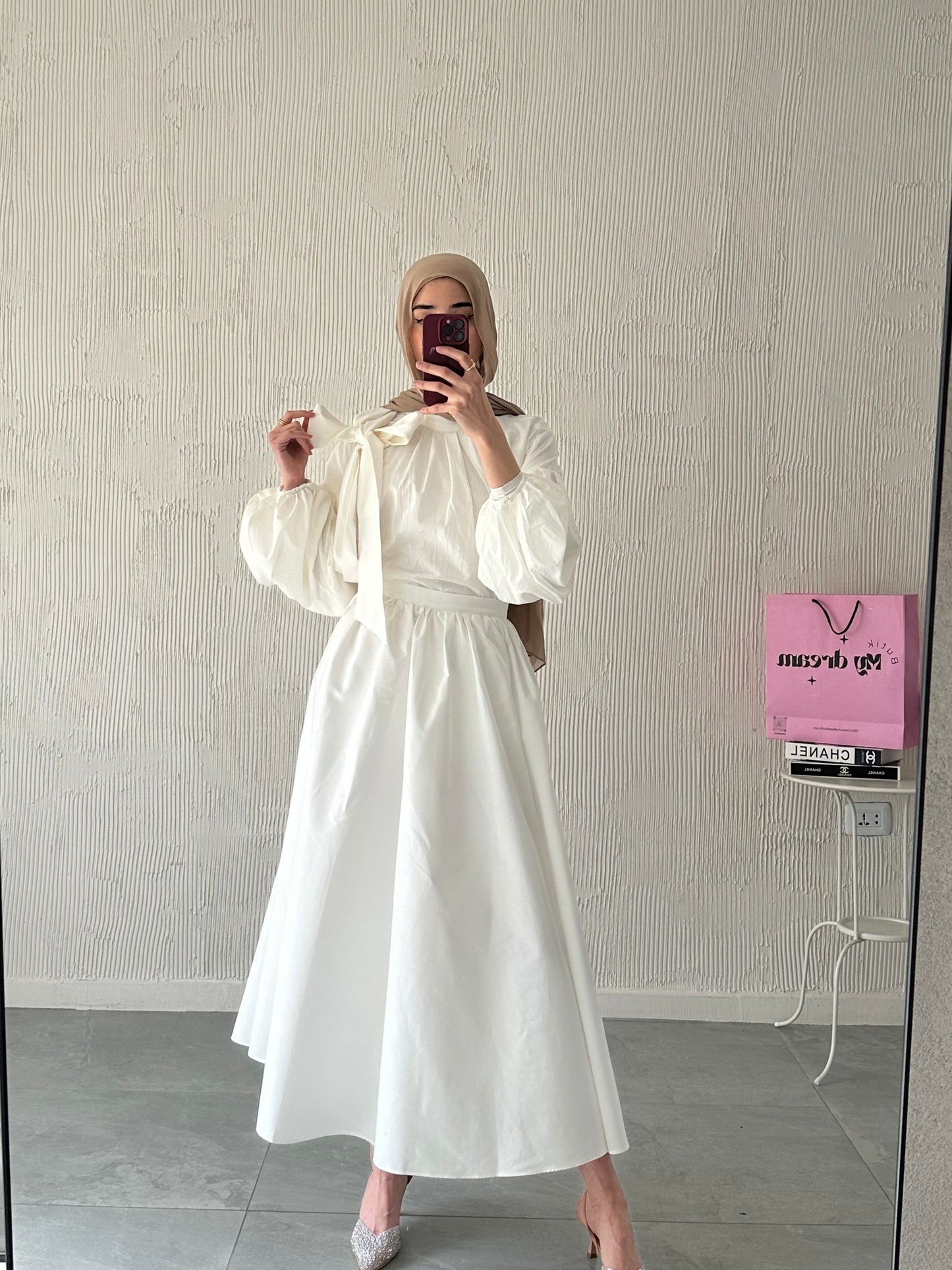 Balloon Sleeve Scarf Shirt-White