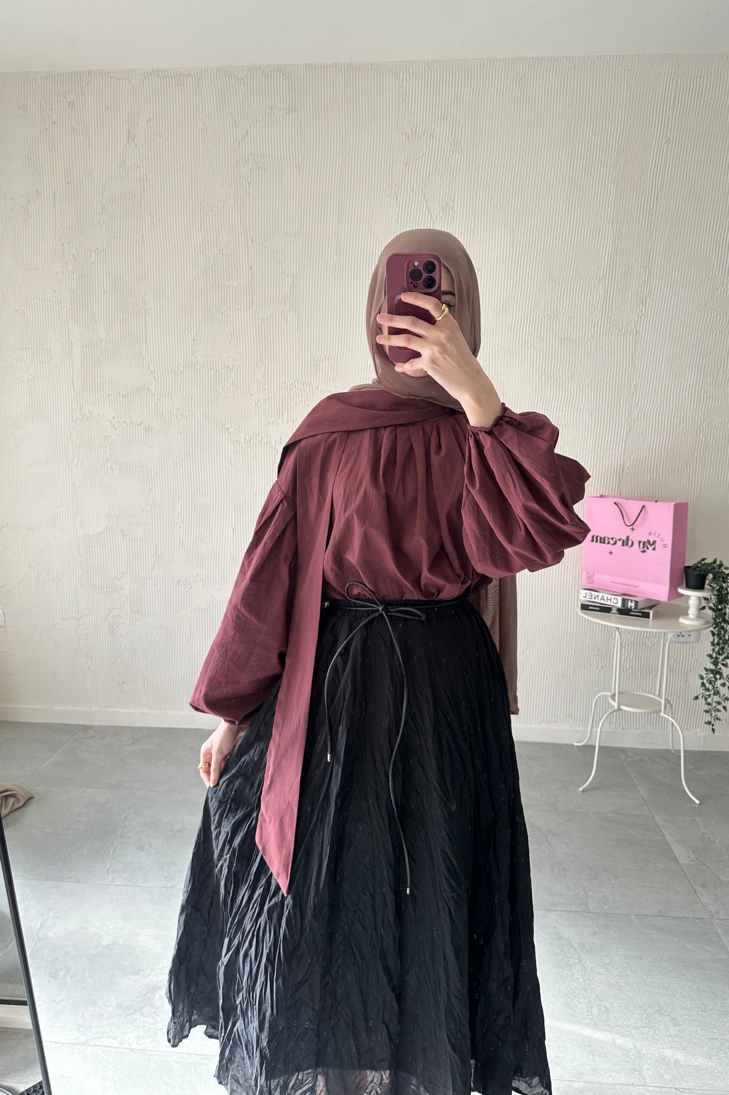 Balloon Sleeve Scarf Shirt-Burgundy
