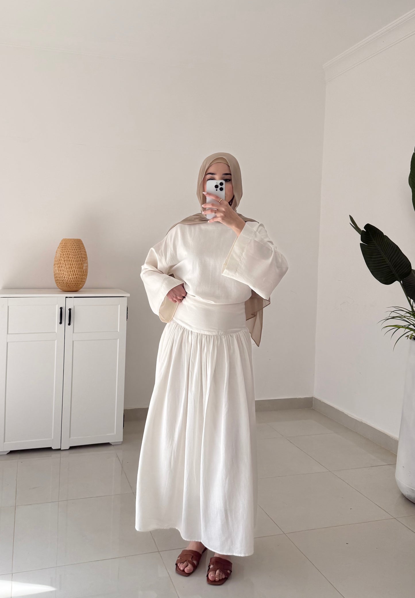 Drop Waist Linen Skirt Set- White