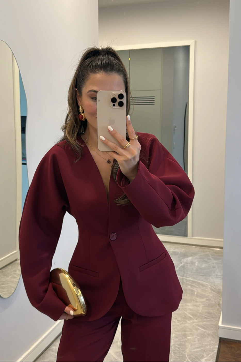 Waisted Blazer Suit-Maroon