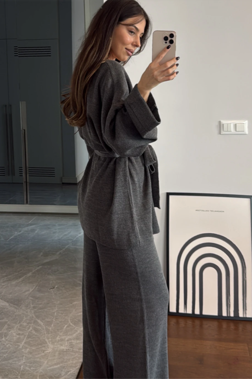 Belted Knit Cardigan Set- Gray