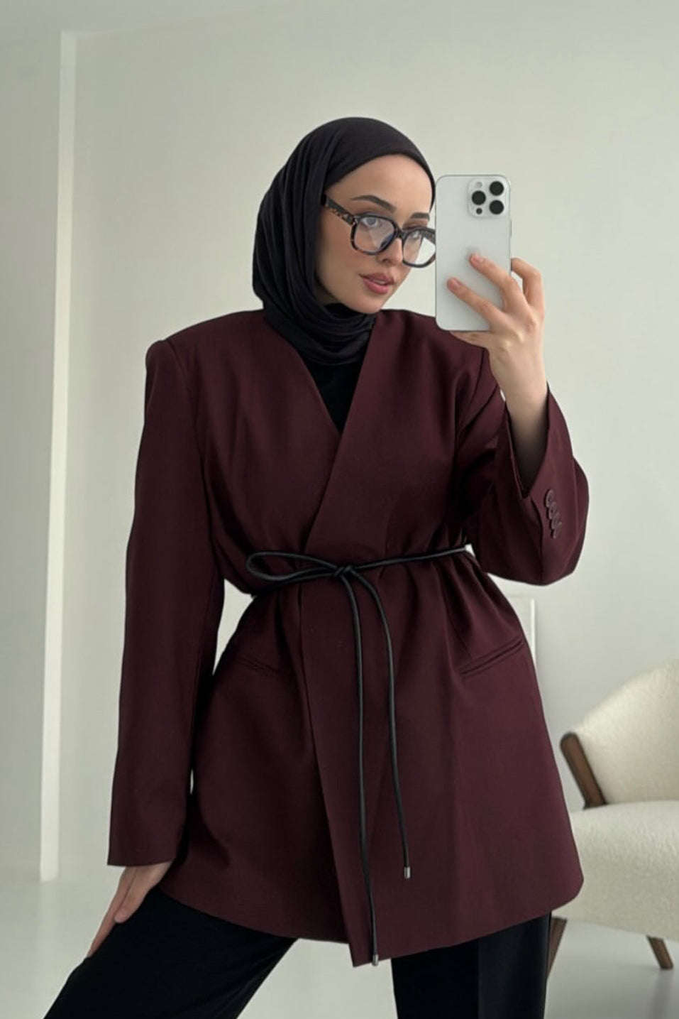 Belted Blazer- Burgundy