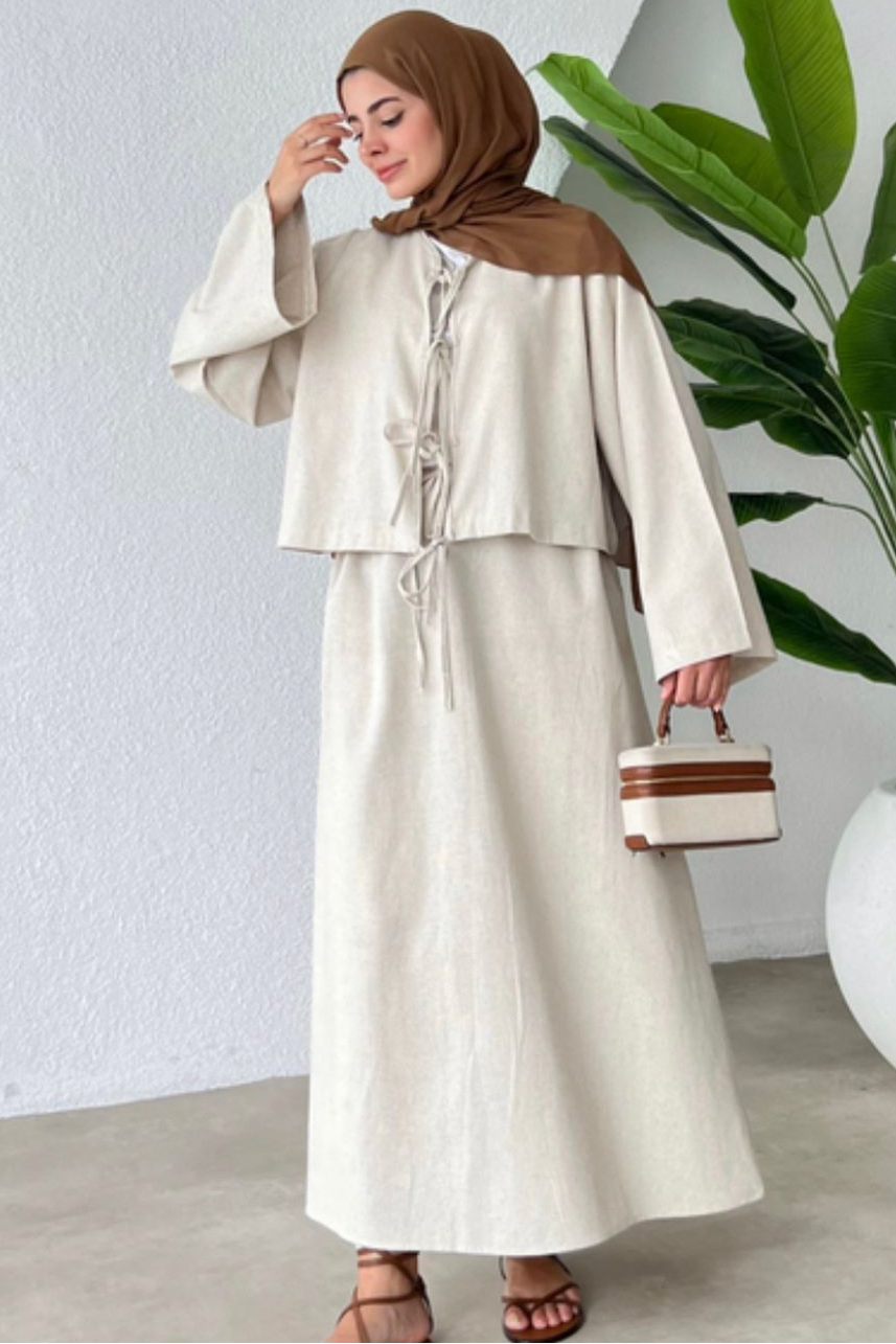 Front Ties Linen Set-Beige