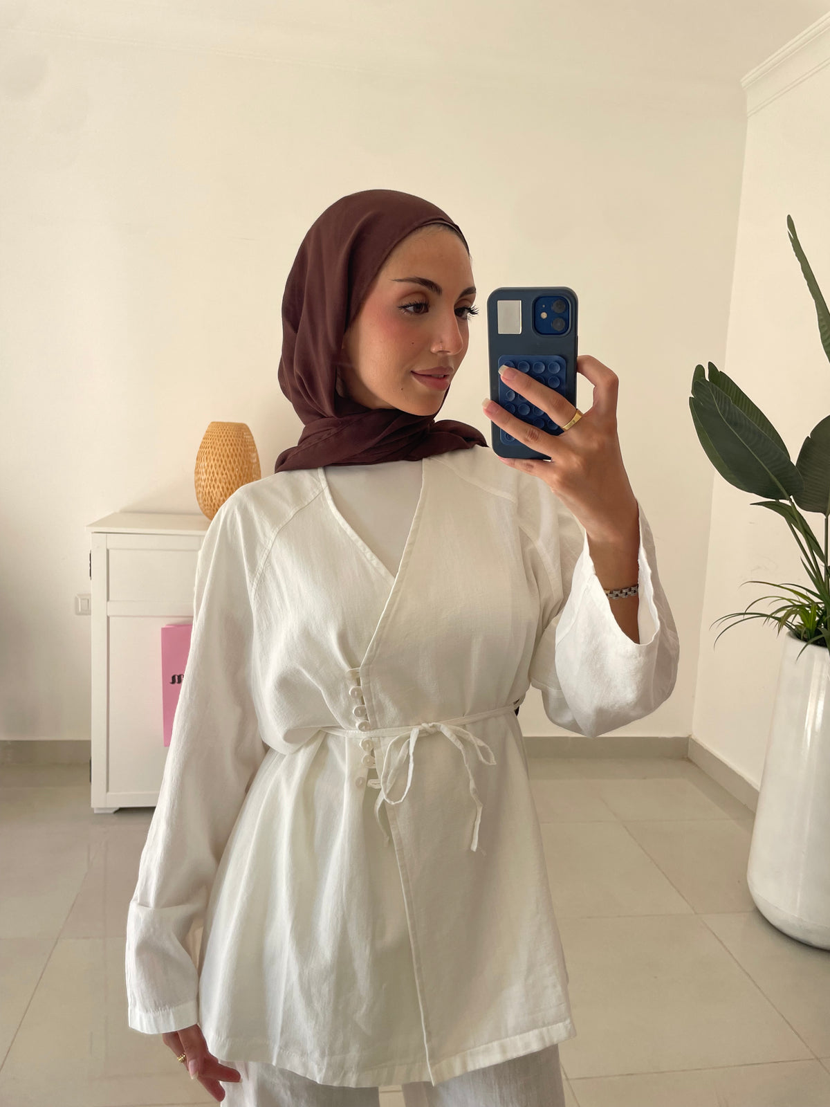 Belted Linen Pants Set- White