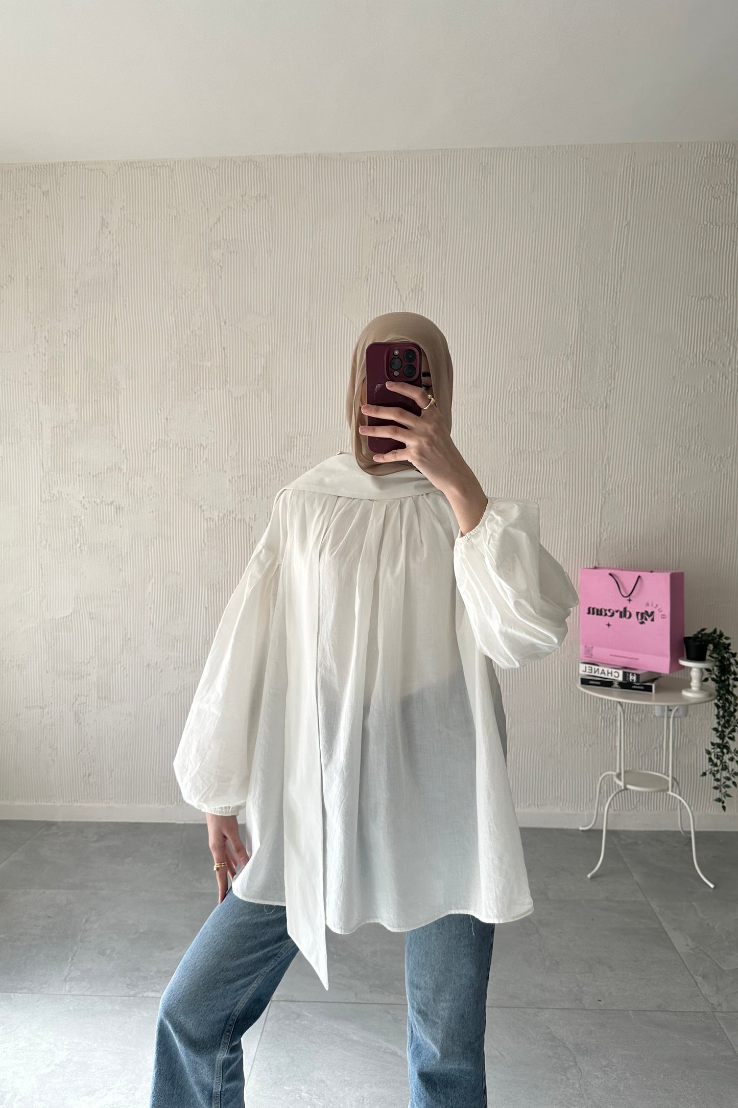 Balloon Sleeve Scarf Shirt-White