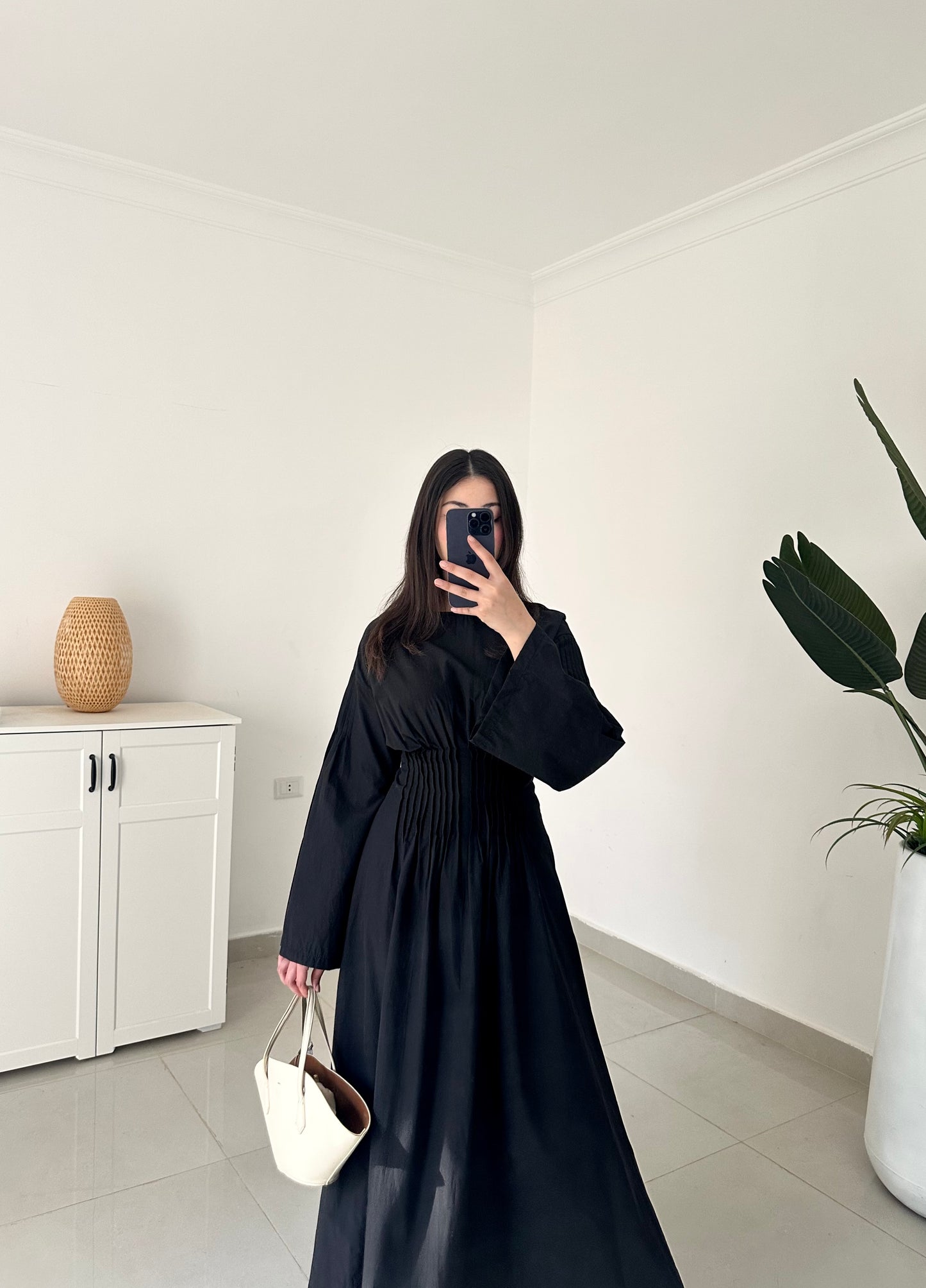 Pleated Waist Belted Dress-Black