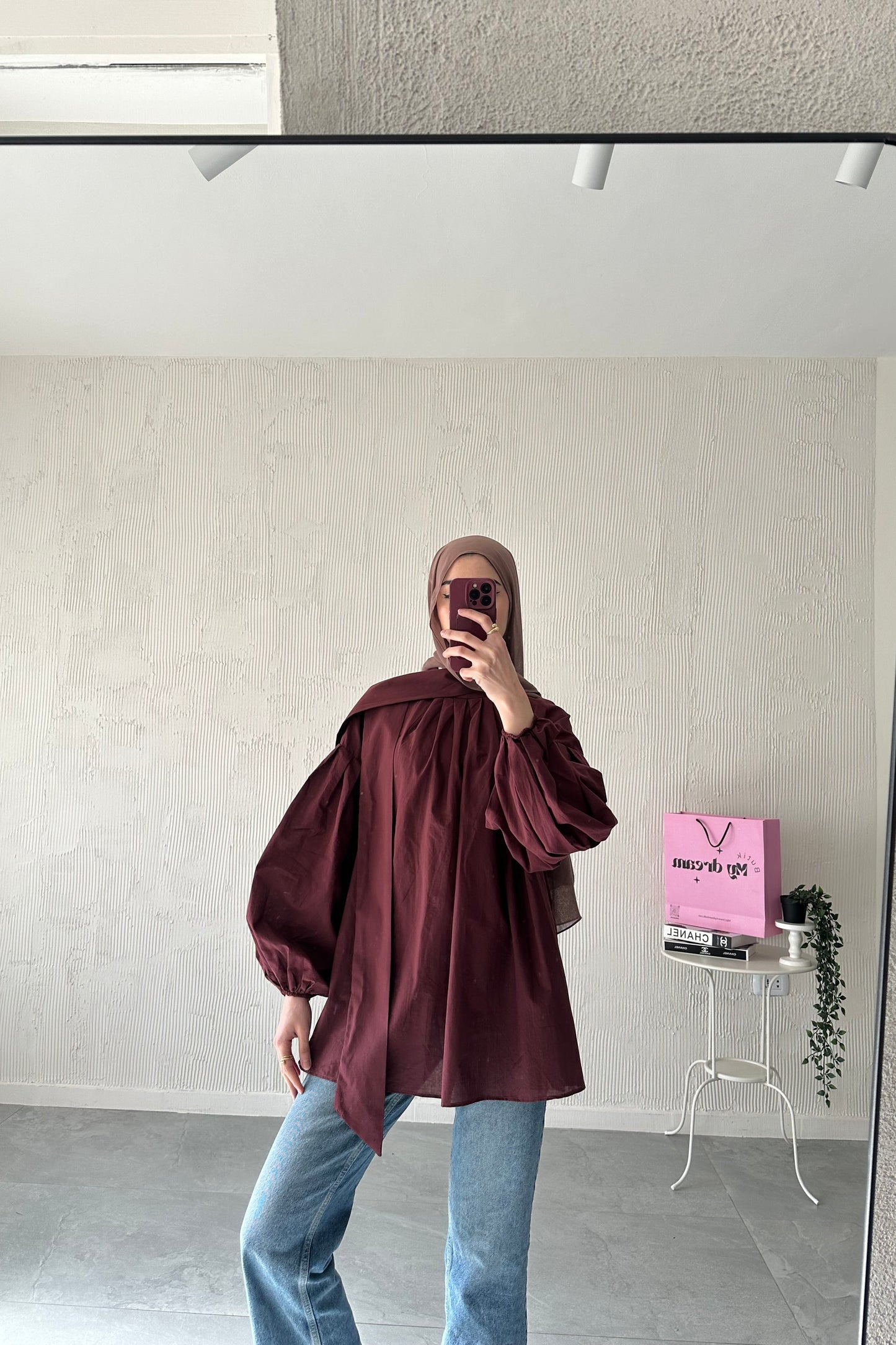 Balloon Sleeve Scarf Shirt-Burgundy