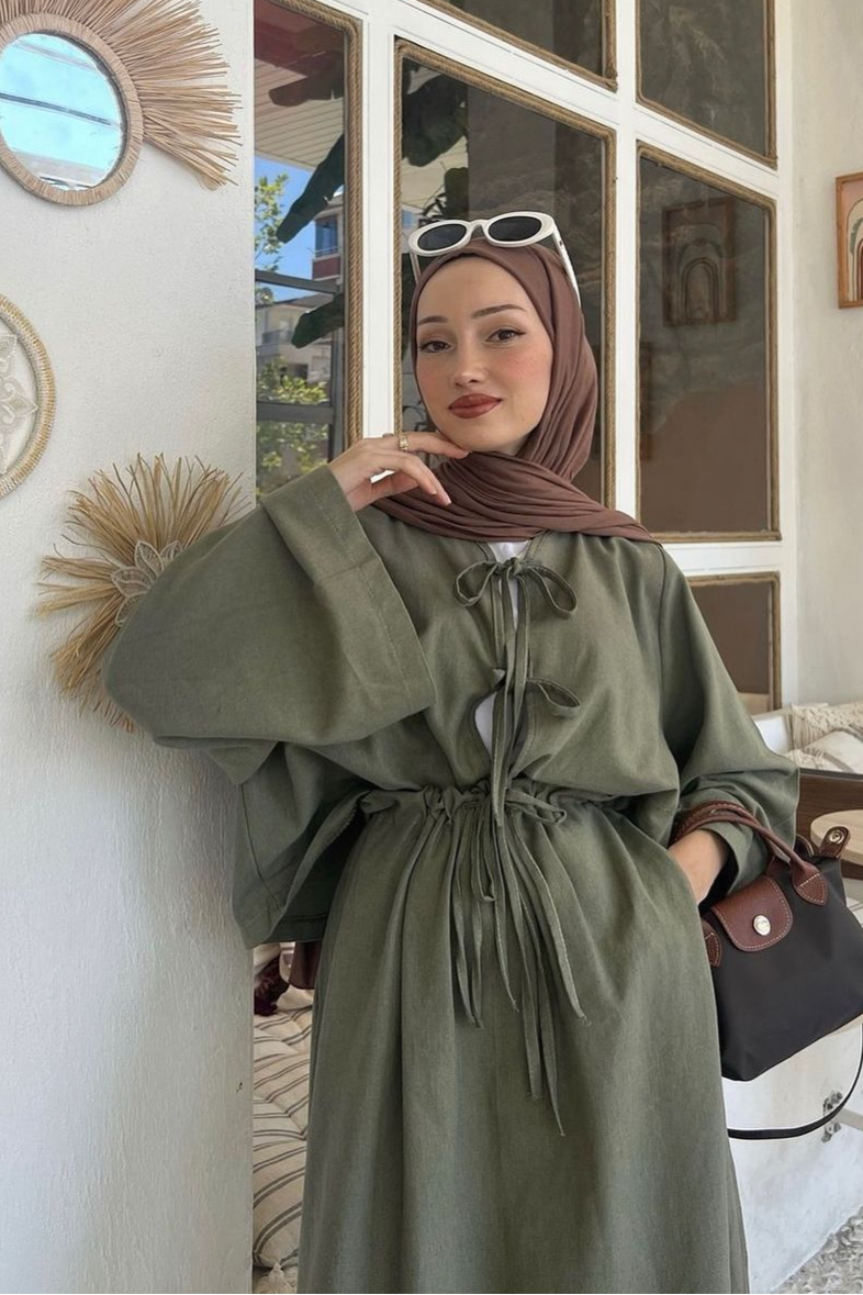 Front Ties Linen Set-Green