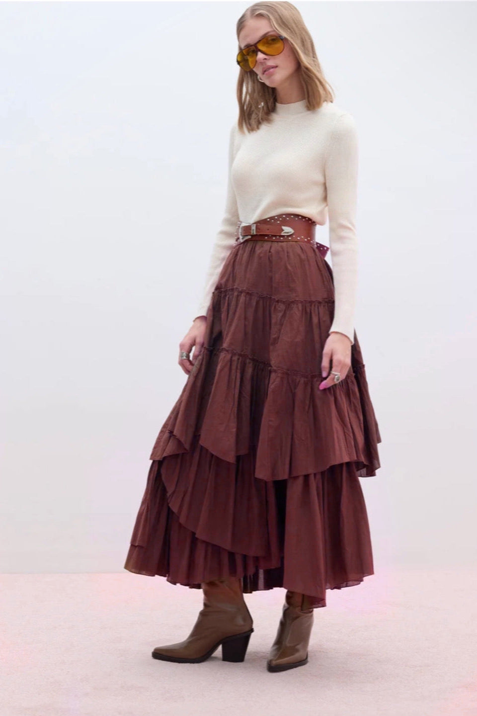 Asymmetric Layered Skirt-Maroon