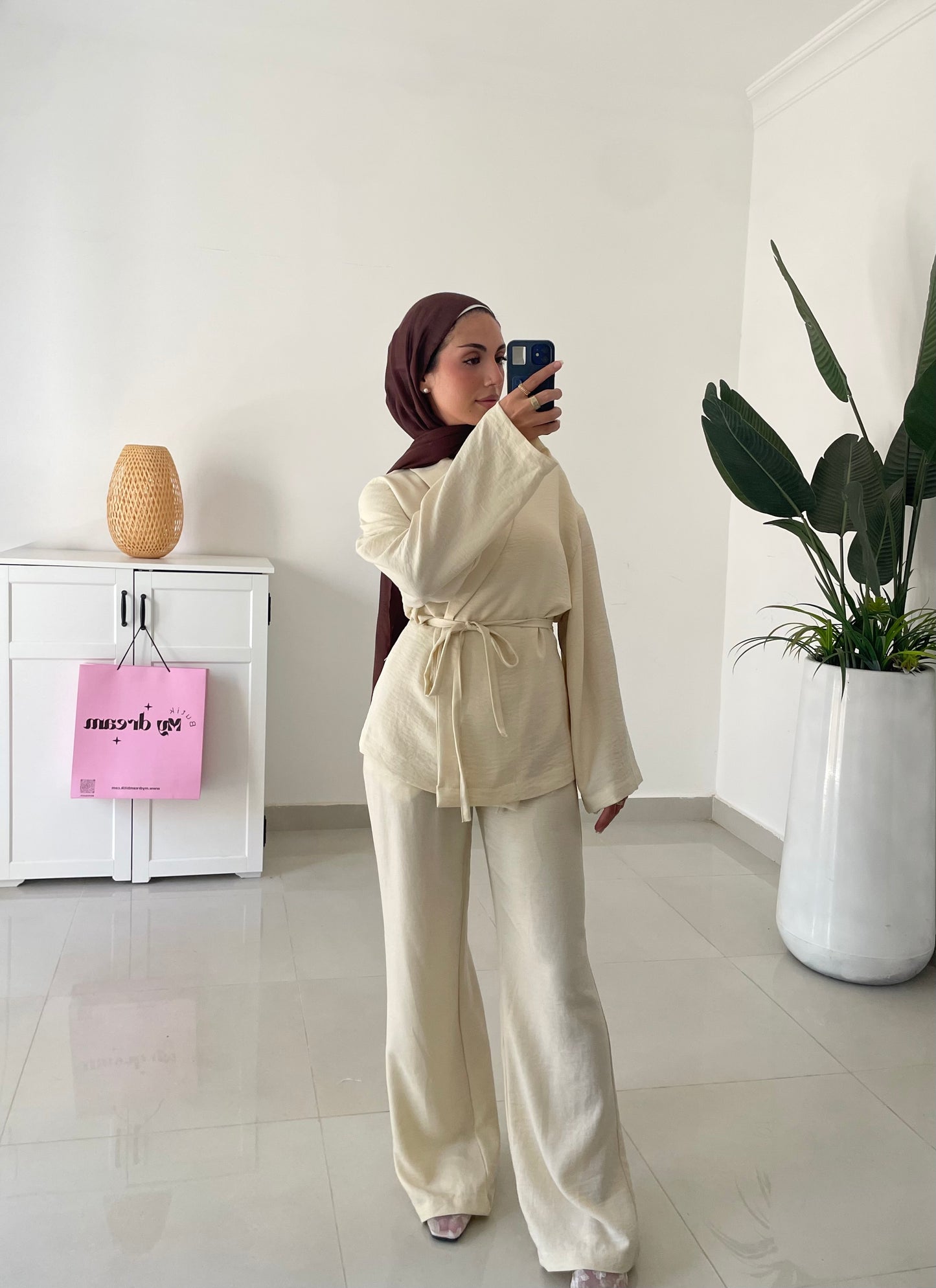 Belted Kimono Set- Yellowish Beige