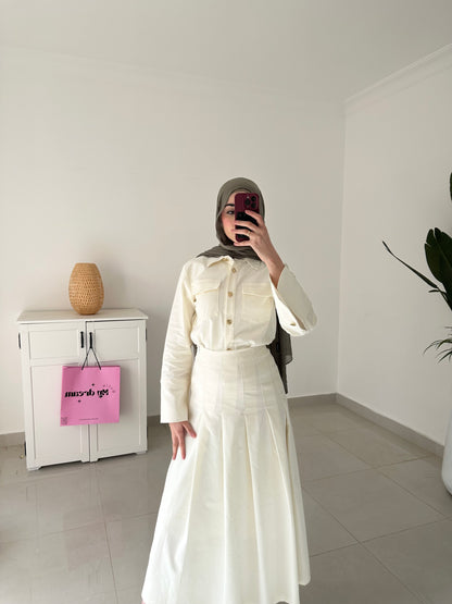 Drop Waist Pleated Skirt Set- Cream