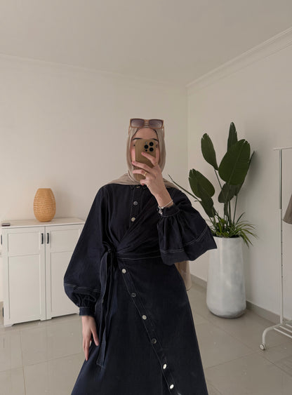 Tie Waist Denim Dress-Navy