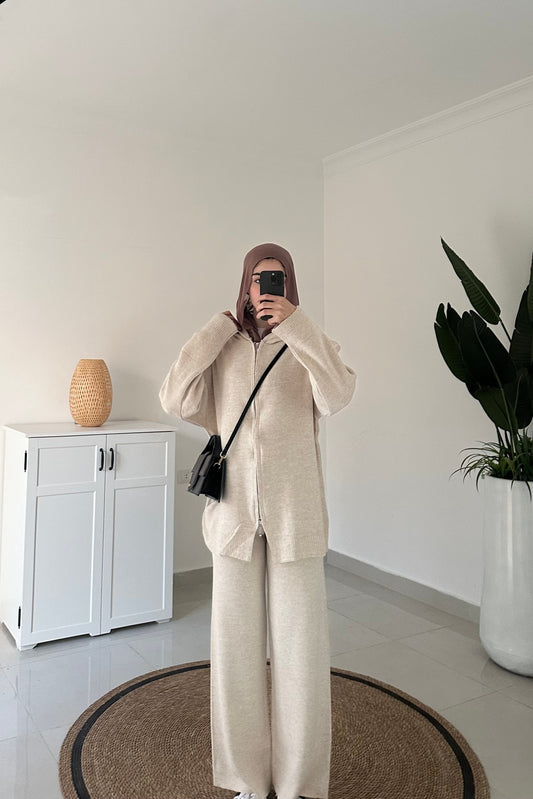 Knit Hooded Cardigan Set- Beige