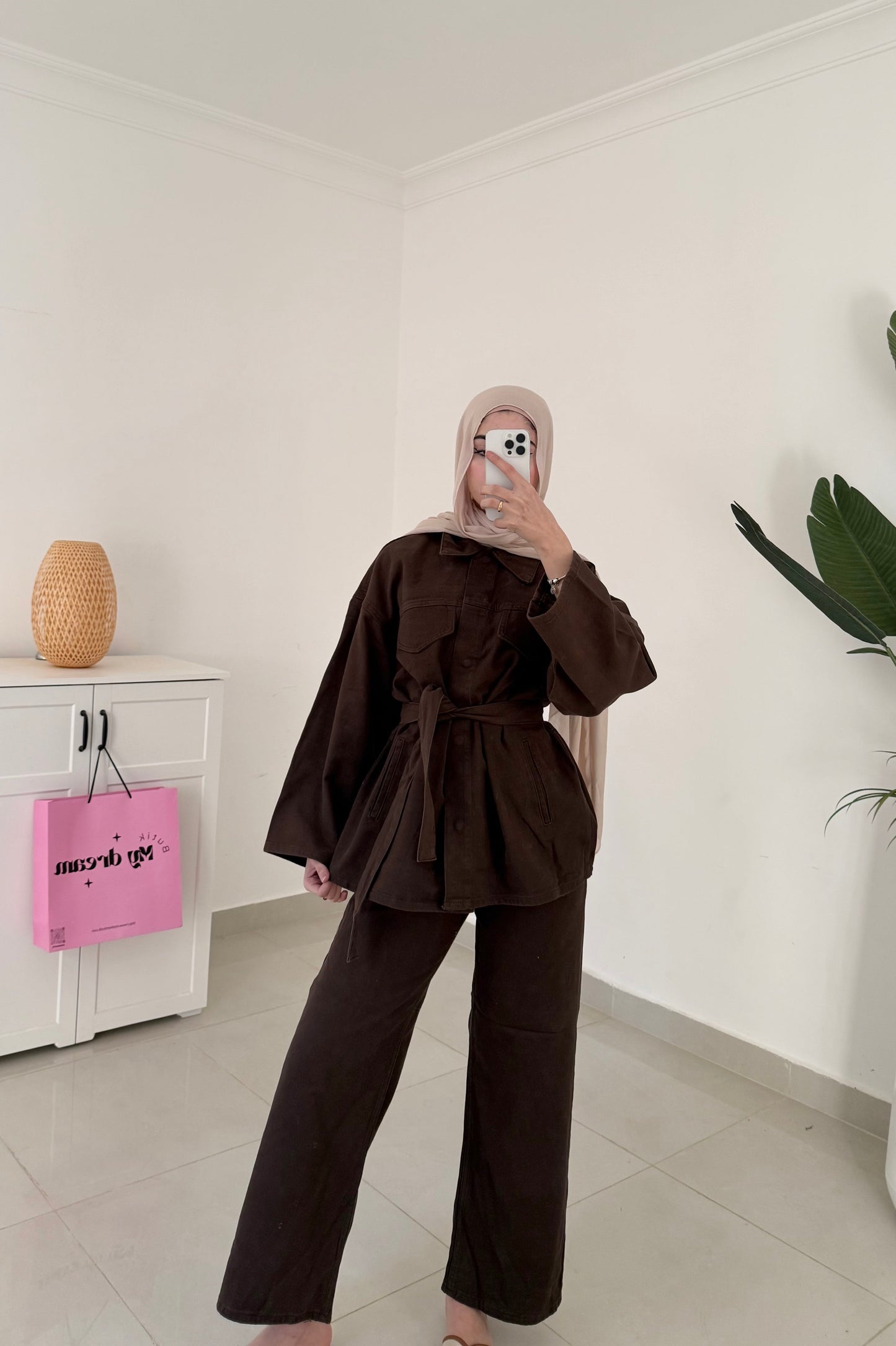 Belted Denim Set- Brown