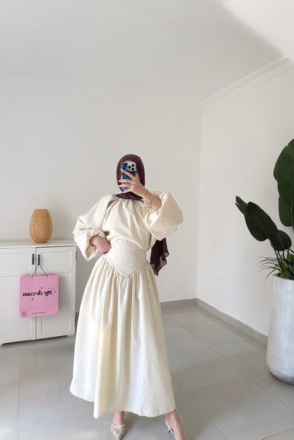 Lantern Sleeve Skirt Set- Beige