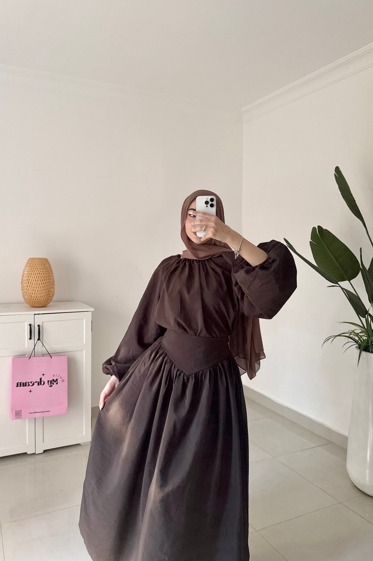 Lantern Sleeve Skirt Set- Brown