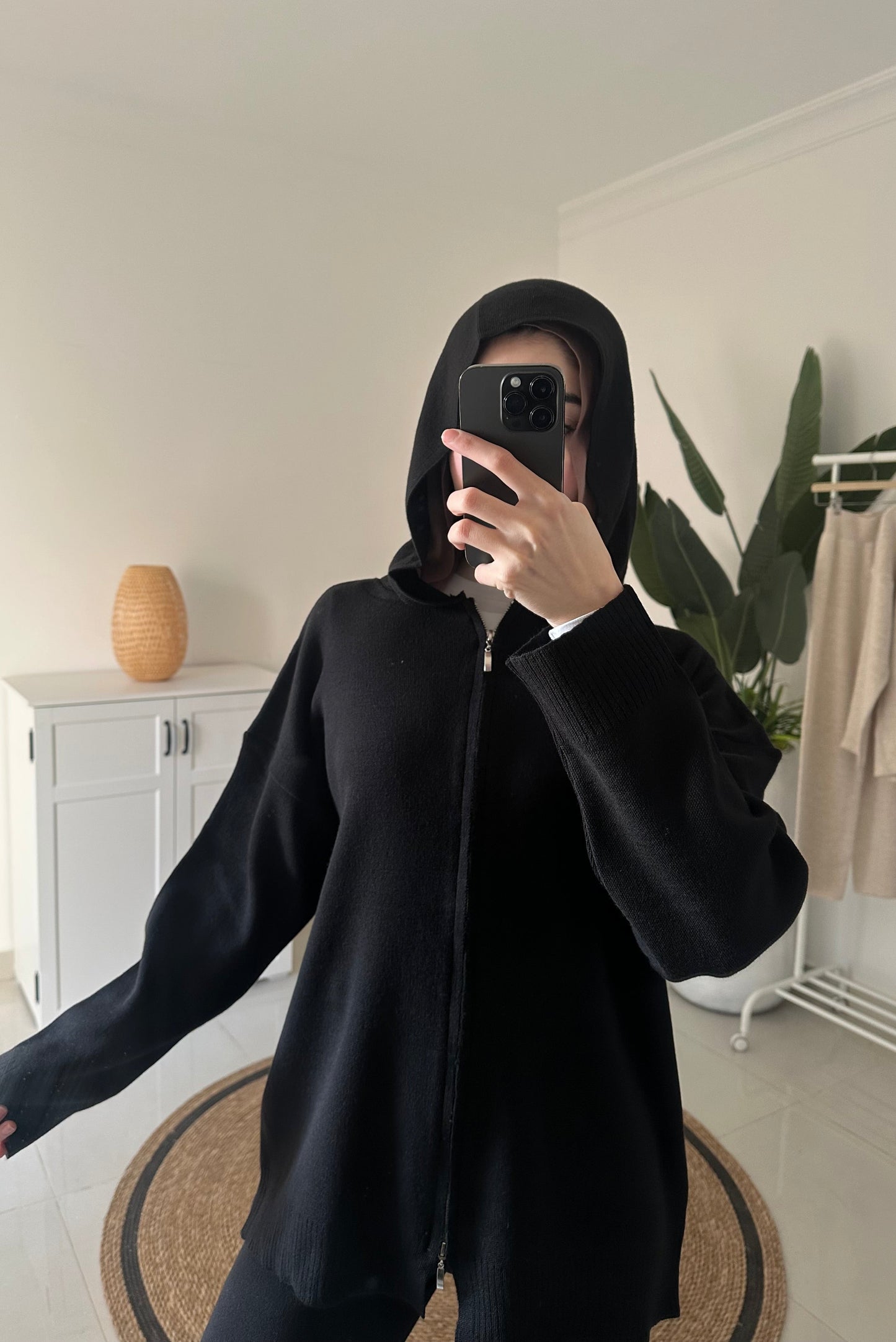 Knit Hooded Cardigan Set- Black