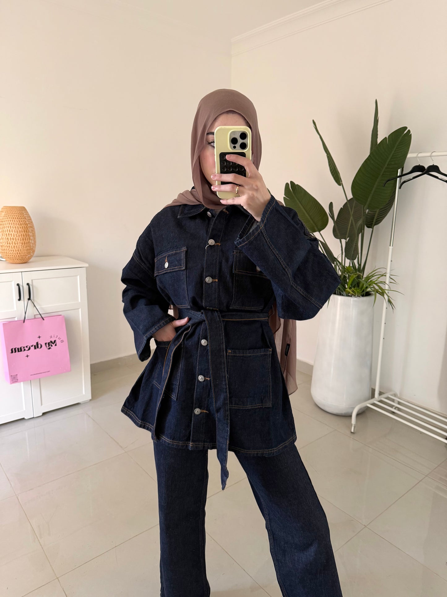 Belted Denim Set- Navy blue