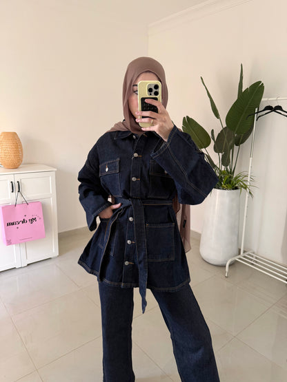 Belted Denim Set- Navy blue