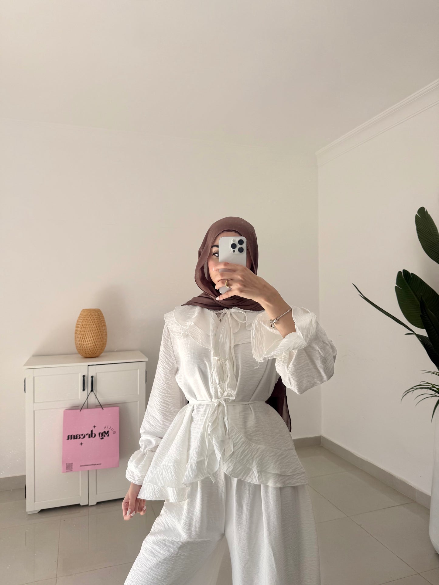 Ruffles Details Wide Leg Pants Set- White