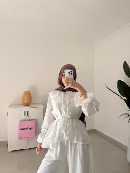 Ruffles Details Wide Leg Pants Set- White