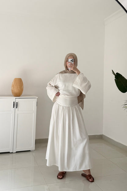 Drop Waist Linen Skirt Set- White