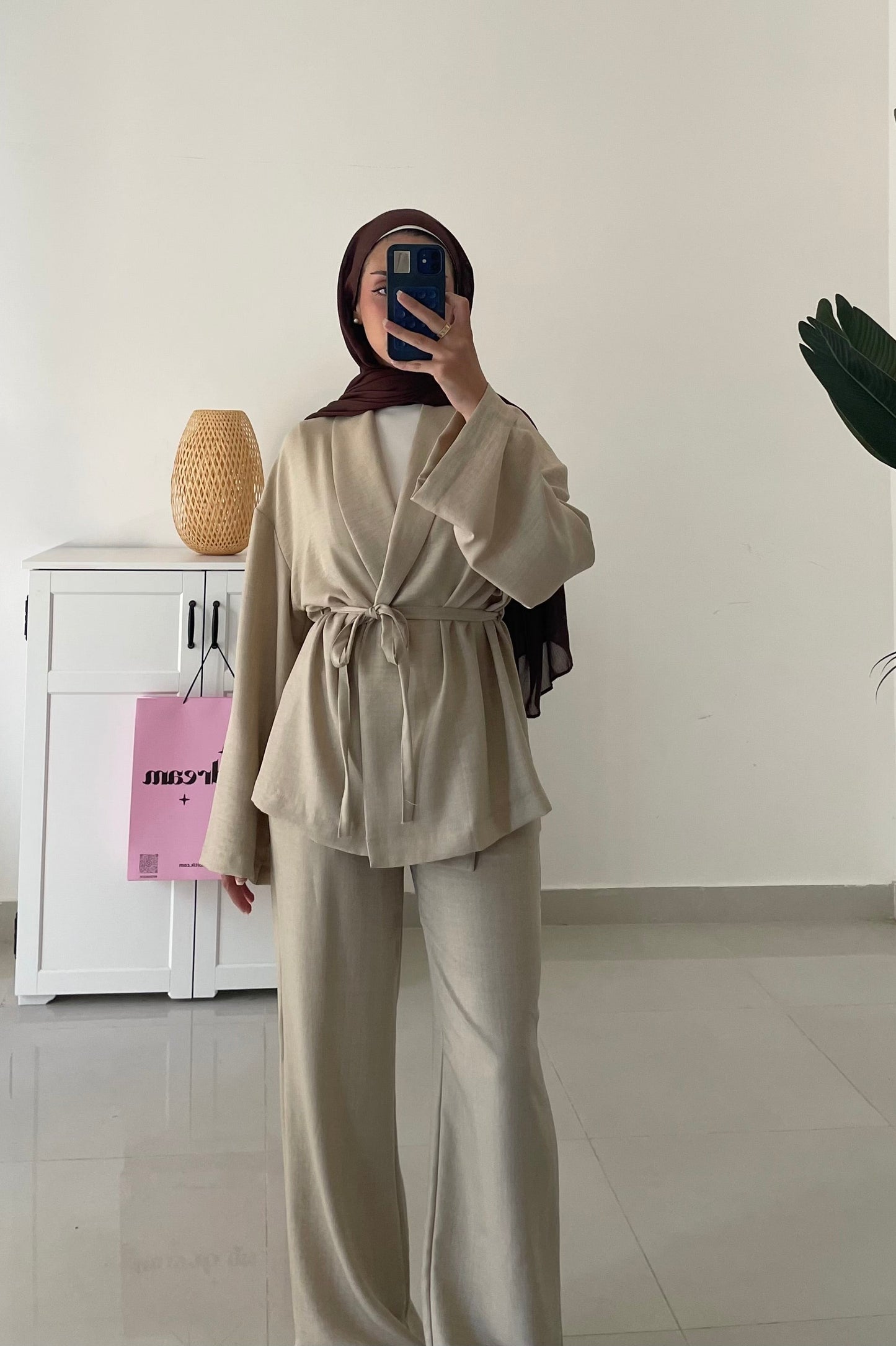 Belted Kimono Set-Beige