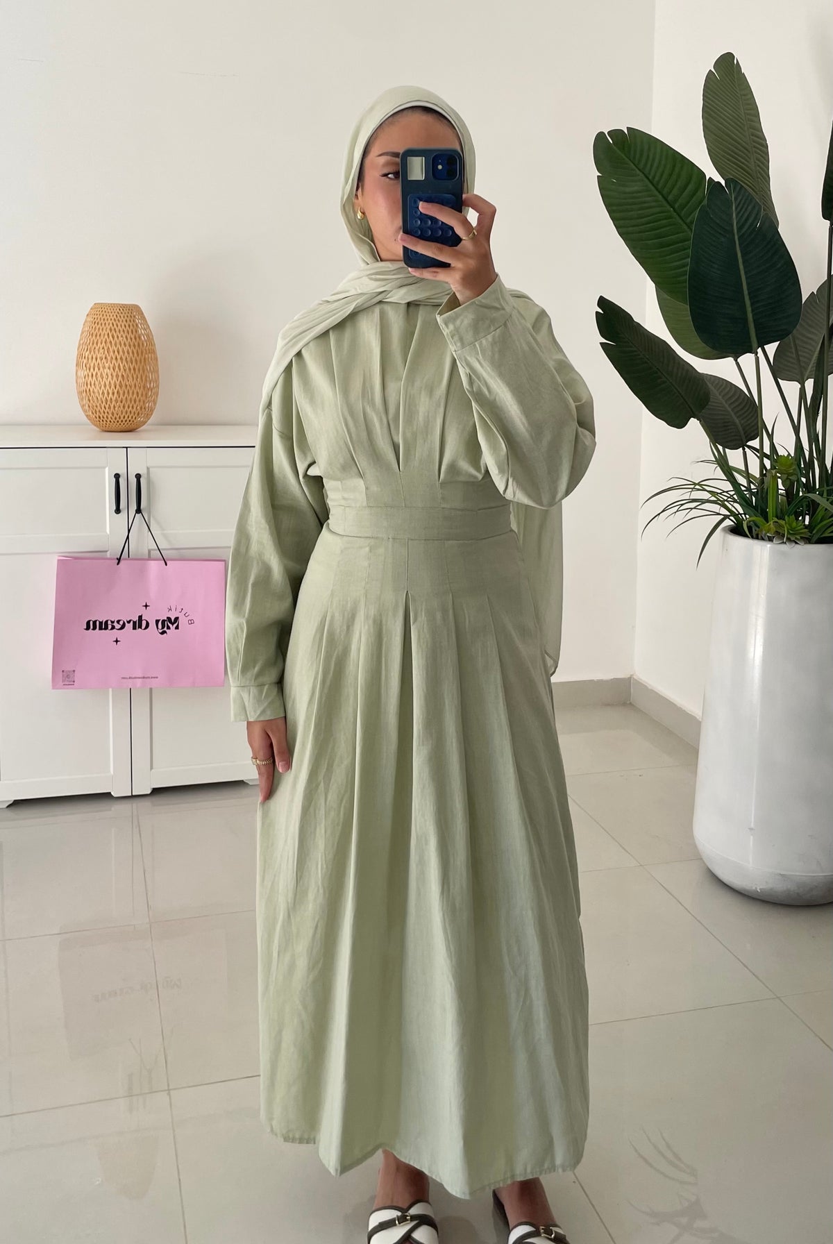 Waisted Linen Dress- Green