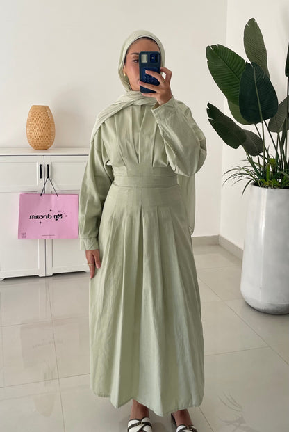 Waisted Linen Dress- Green