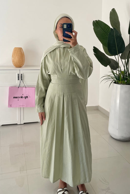 Waisted Linen Dress- Green