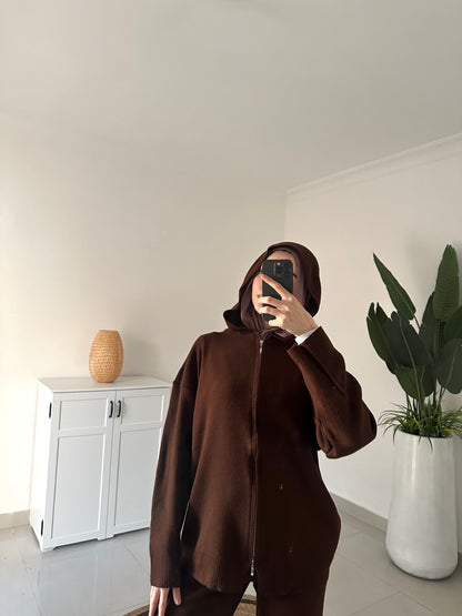 Knit Hooded Cardigan Set- Brown