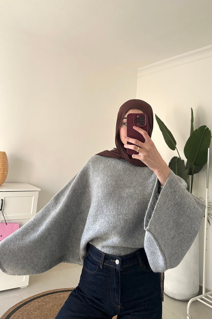Batwing Sleeve Oversized Sweater- Light Gray