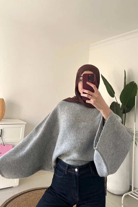Batwing Sleeve Oversized Sweater- Light Gray